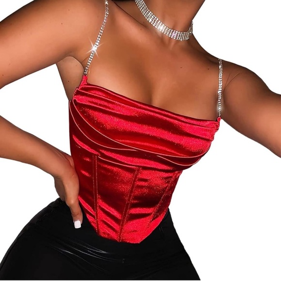 Red satin corset top with rhinestone straps - Picture 2 of 5